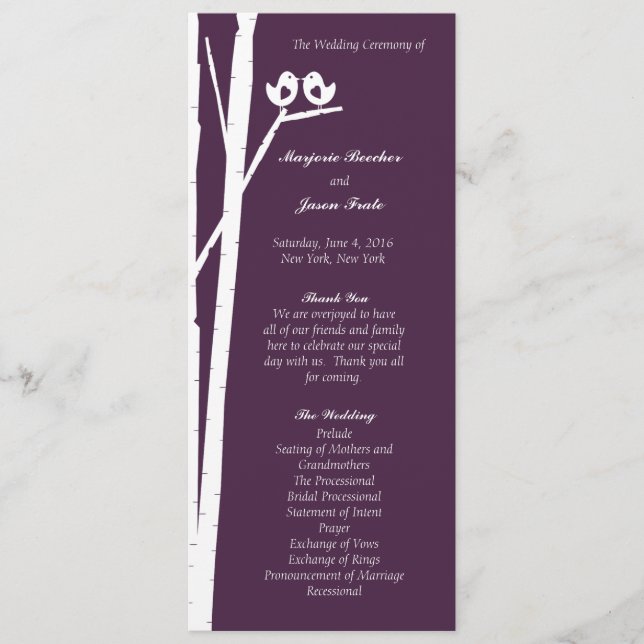 Birchtree Birds Wedding Program Lila Programm (Vorderseite)