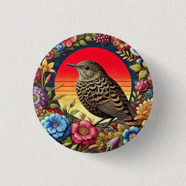 Bird Amid farbige Blume Button (Vorderseite)