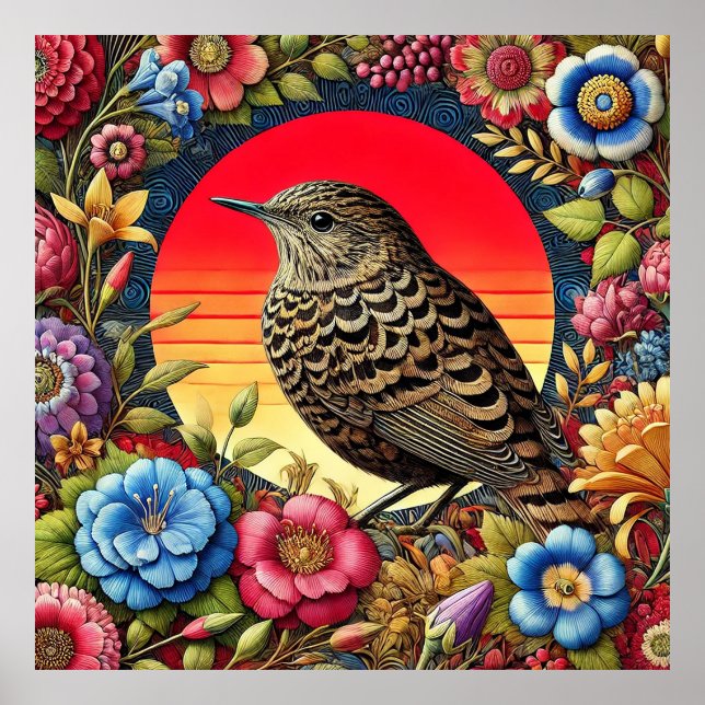 Bird Amid farbige Blume Poster (Vorne)