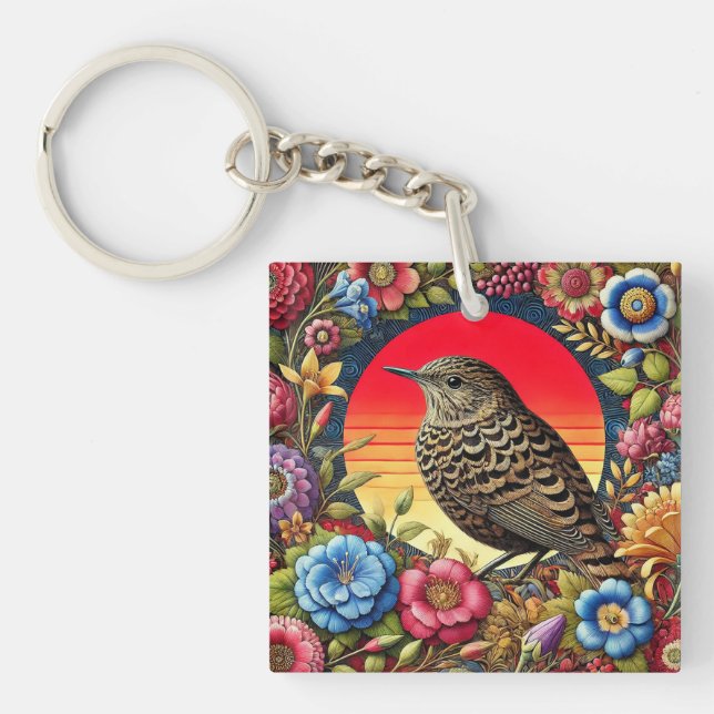 Bird Amid farbige Blume Schlüsselanhänger (Vorderseite)