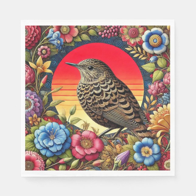 Bird Amid farbige Blume Serviette (Vorderseite)