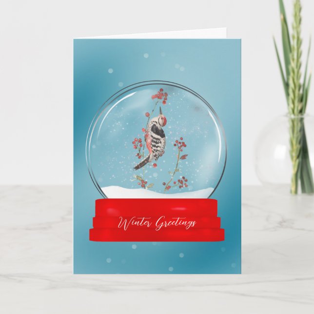 Bird and Berry Branch Snow Globe Weihnachtskarte Karte (Vorderseite)
