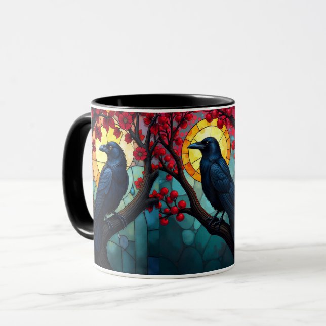Bird Art gesteinigtes Glas Ravens Crows Tasse (Vorderseite Links)