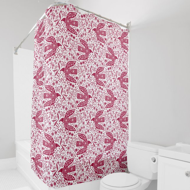 Bird Art Red White Duschvorhang (Magenta hot pink and white peace dove bird and flower pattern shower curtain)