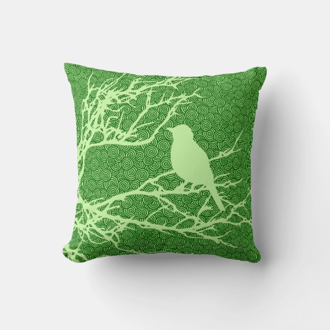 Bird auf einer Zweigstelle, Light Jade Green Kissen (Vorderseite)