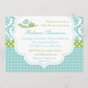 Bird Baby Dusche Einladung Boy Damask Blue Green