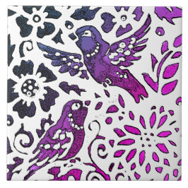 Bird Batik Modernes Lila Blaues Blumenwald Fliese