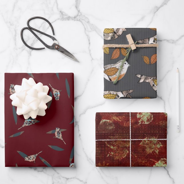 Bird-Bird-Leaf Birke Wrapping Paper Flat Sheet Set Geschenkpapier Set (Vorderseite)