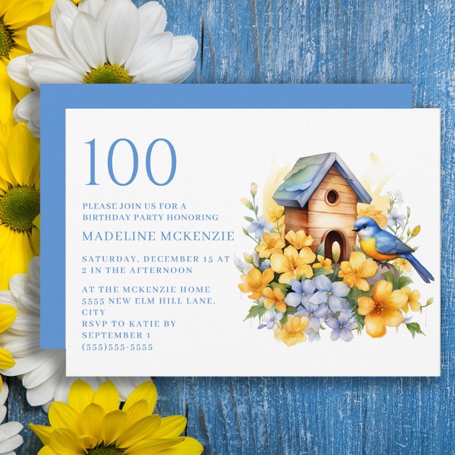 Bird Birdhouse Blue Yellow Flowers 100. Geburtstag Einladung (Yellow and blue flowers, blue bird and birdhouse 100th birthday party invitation)