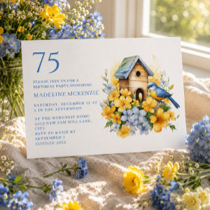 Bird Birdhouse Blue Yellow Flowers 75. Geburtstag Einladung