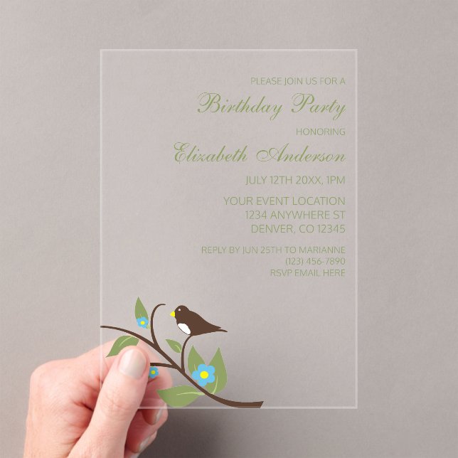 Bird Birthday Acryleinladungen (Insitu (Handheld))