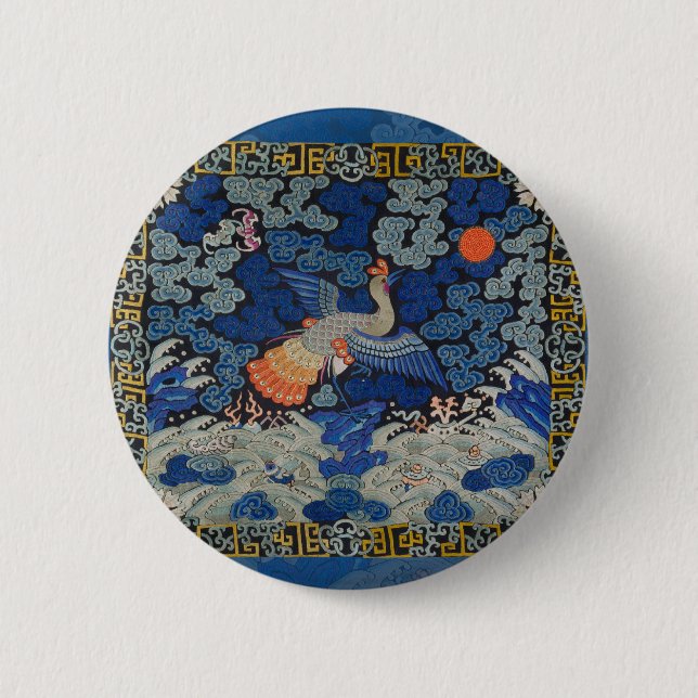 Bird Blue Chinesisch Stickerei Vintag Button (Vorderseite)