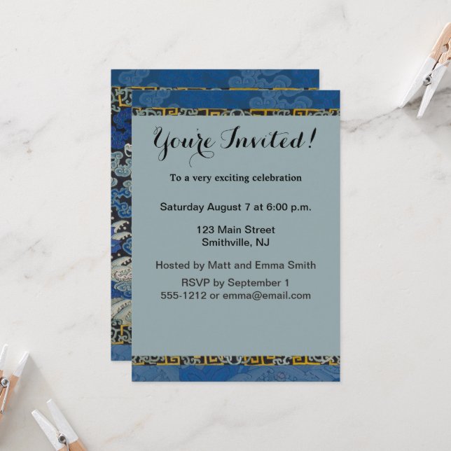 Bird Blue Chinesisch Stickerei Vintag Einladung (Vorderseite/Rückseite Beispiel)