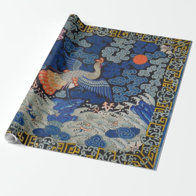 Bird Blue Chinesisch Stickerei Vintag Geschenkpapier (Ungerollt)