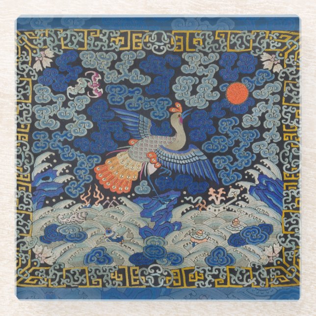 Bird Blue Chinesisch Stickerei Vintag Glasuntersetzer (Vorderseite)