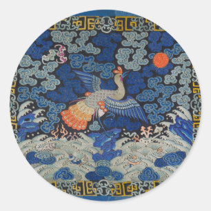 Bird Blue Chinesisch Stickerei Vintag Runder Aufkleber