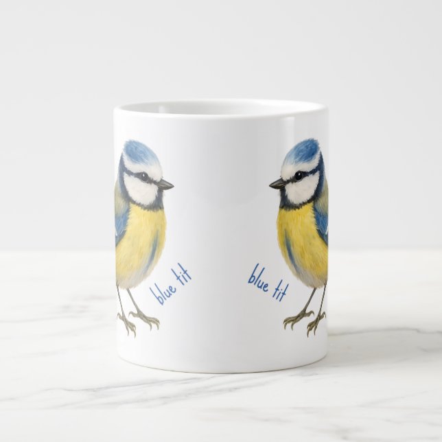 Bird Blue Tit Mug, Watercolour Garden Bird Art Jumbo-Tasse (Vorderseite)