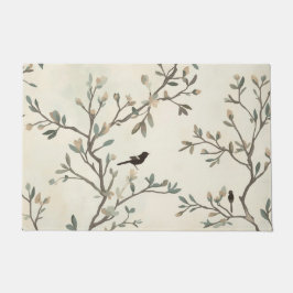 Bird Branch Watercolor Beige Nature Painting Fußmatte