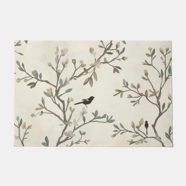 Bird Branch Watercolor Beige Nature Painting Fußmatte (Vorderseite)