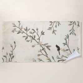 Bird Branch Watercolor Beige Nature Painting Strandtuch