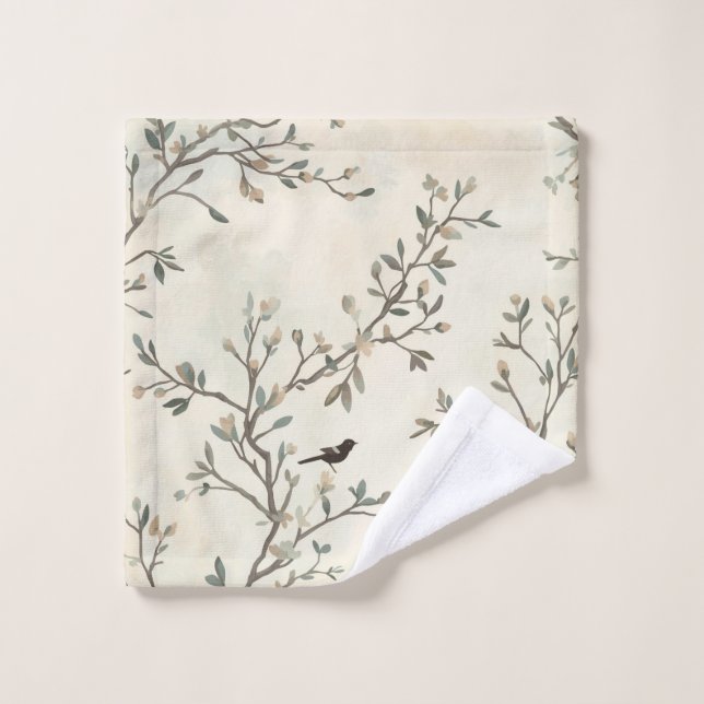 Bird Branch Watercolor Beige Nature Painting Waschlappen (Waschlappen)