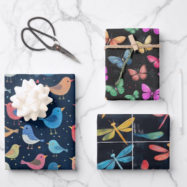 Bird, Butterfly & Dragonfly Muster Sweet Gift Set Geschenkpapier Set (Vorderseite)