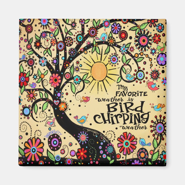 Bird Chirping Wetter Niedlich Whimsical Tree Fun Magnet (Vorne)