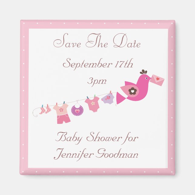 Bird & Clothesline Pink Save the Date Babydusche Magnet (Vorne)