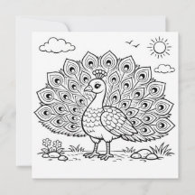 Bird Coloring Page Peacock Flat Card