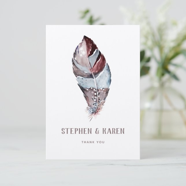 Bird Feather Elegant Wedding Watercolor Dankeskarte (Stehend Vorderseite)