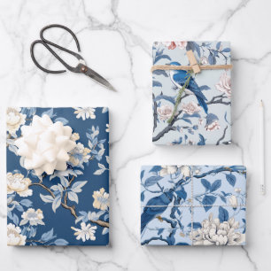Bird Floral Chinoiserie Blue White Geschenkpapier Set