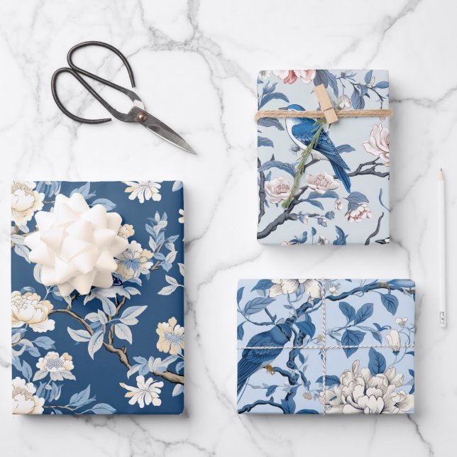 Bird Floral Chinoiserie Blue White Geschenkpapier Set (Vorderseite)