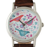 Bird Floral Water Armbanduhr<br><div class="desc">Moderne Aquarellvögel und Blume in aquamarin-grün,  rot und magentafrosa. Originelle Kunst von Nic Squirrell.</div>