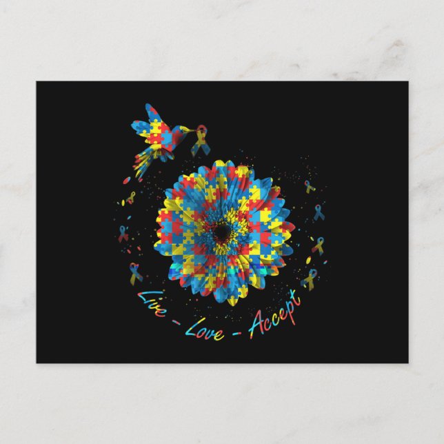 Bird Flower Ribbon Puzzle Live Love Accept Autism  Postkarte (Vorderseite)