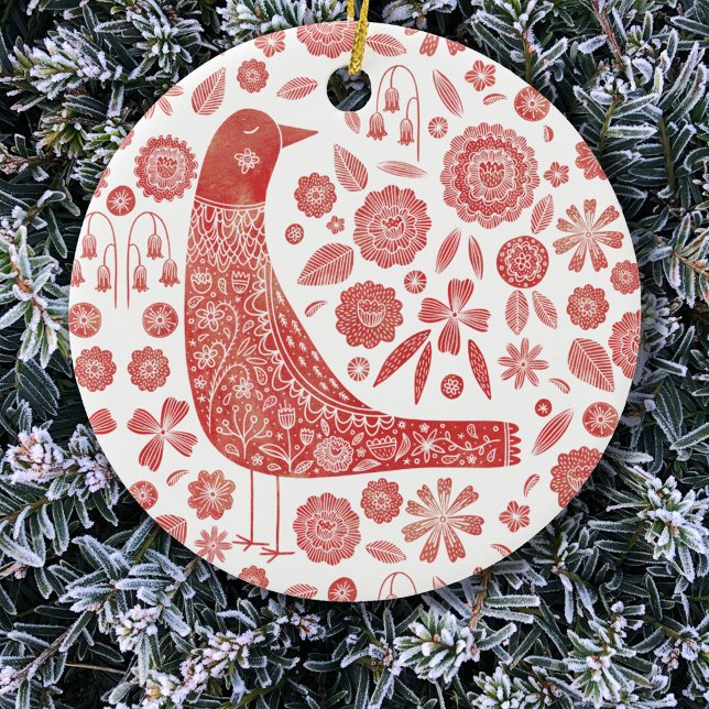 Bird Folk Art Keramik Ornament (Nordic Scandinavian bird red and white Christmas ornament)