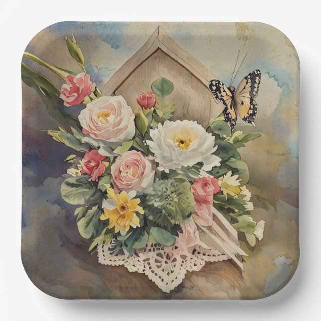 Bird House Bouquet - Papierplatte Pappteller (Vorderseite)