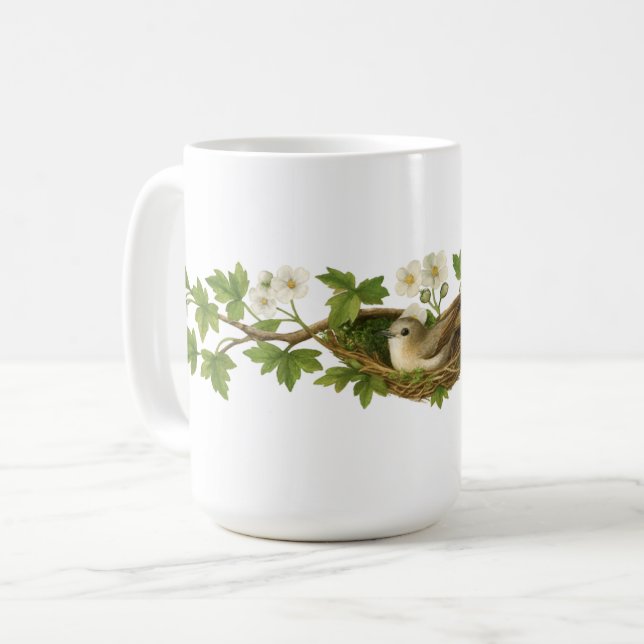 Bird In Bird Nest On Flowering Branches Kaffeetasse (Vorderseite Links)