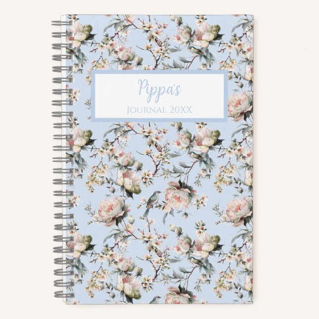 Bird in Blossom Blue Personalized Journal Notebook Notizbuch (Vorderseite)