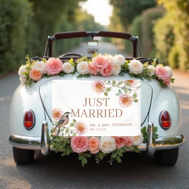 Bird in Flowers Just Married Car Banner (Von Creator hochgeladen)