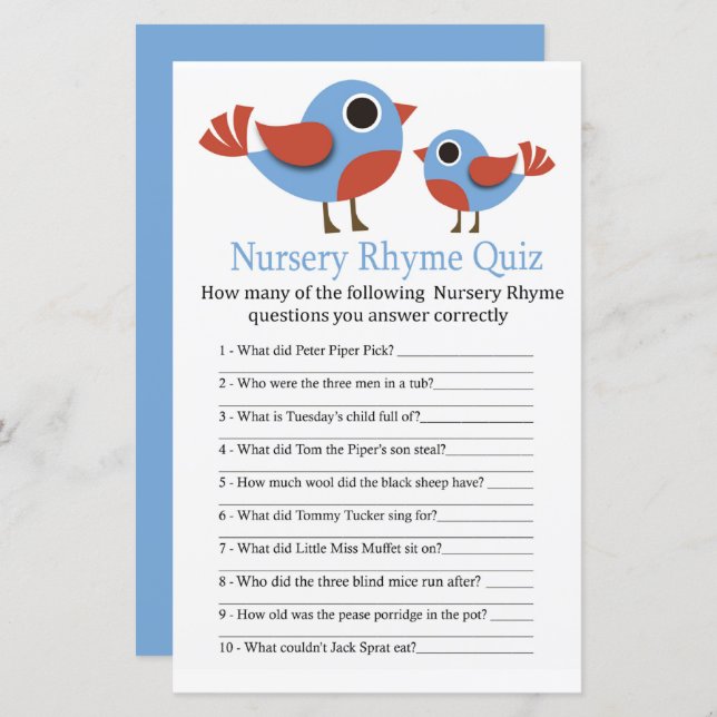 Bird Kinderzimmer Rhyme Quiz Babyduschenspiel (Vorne/Hinten)