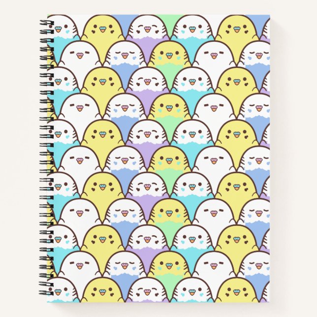 Bird Lover Blue Yellow Cartoon Budgies Pattern Notizbuch (Vorderseite)