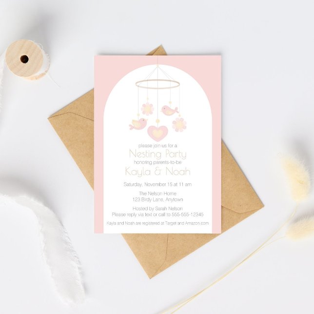 Bird Mobile Nesting Party Einladung (Pink and yellow baby mobile Nesting Party Invitation for a girl baby shower)