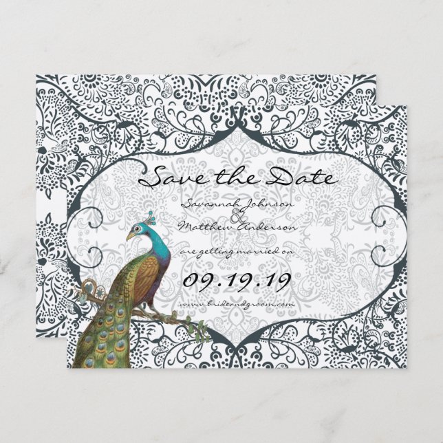 Bird Navy Whimsical Peacock Love Save the Date (Vorne/Hinten)