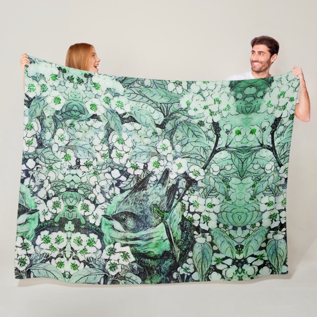 BIRD NEST, BAUM, GRÜNE WEISSE BLUMEN FLEECEDECKE (Beispiel)