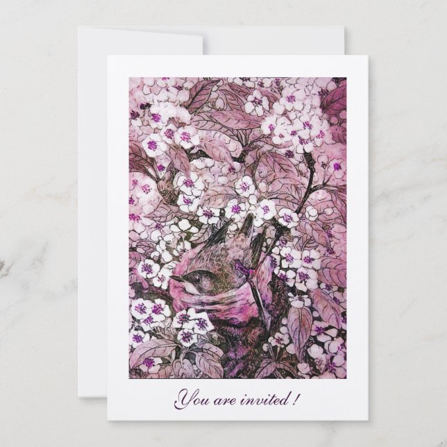 BIRD NEST , BAUM MIT WEISS ROTEN PINKSPRINGBLUMEN EINLADUNG (Vorderseite)