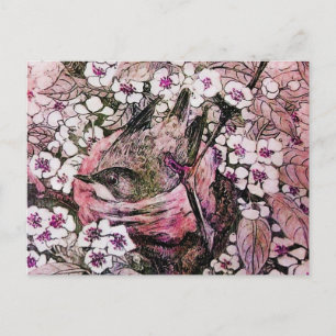 BIRD NEST , BAUM MIT WEISS ROTEN PINKSPRINGBLUMEN POSTKARTE