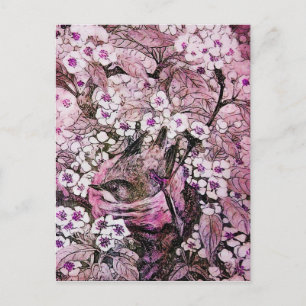 BIRD NEST , BAUM MIT WEISS ROTEN PINKSPRINGBLUMEN POSTKARTE