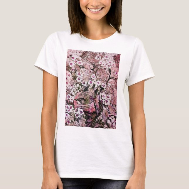 BIRD NEST, BAUPINK, WEISSE BLUMEN MIT BLUMEN T-Shirt (Vorderseite)