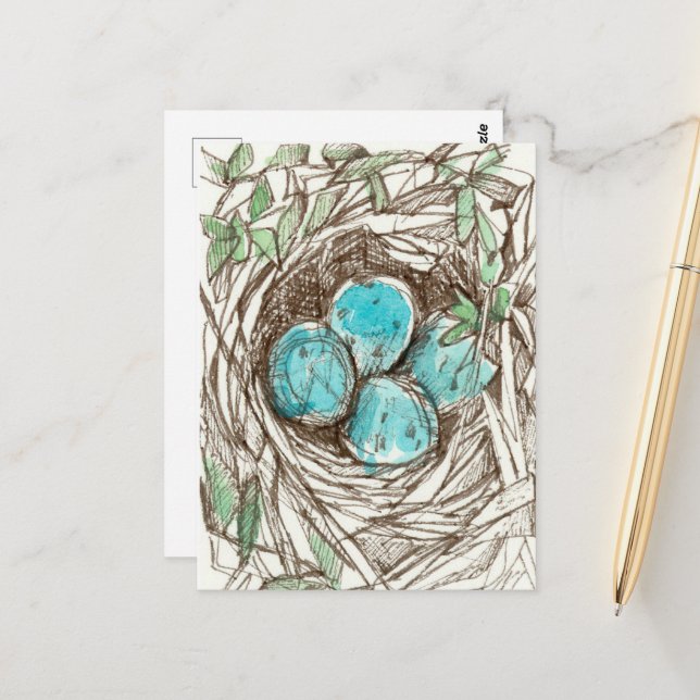 Bird Nest Blue Robin Eggs Spring Ink Zeichnend Postkarte (Vorderseite/Rückseite Beispiel)