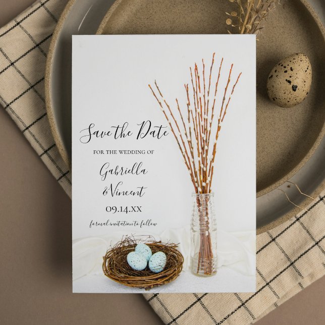 Bird Nest Eggs Pussy Willows Wedding Save the Date (Von Creator hochgeladen)
